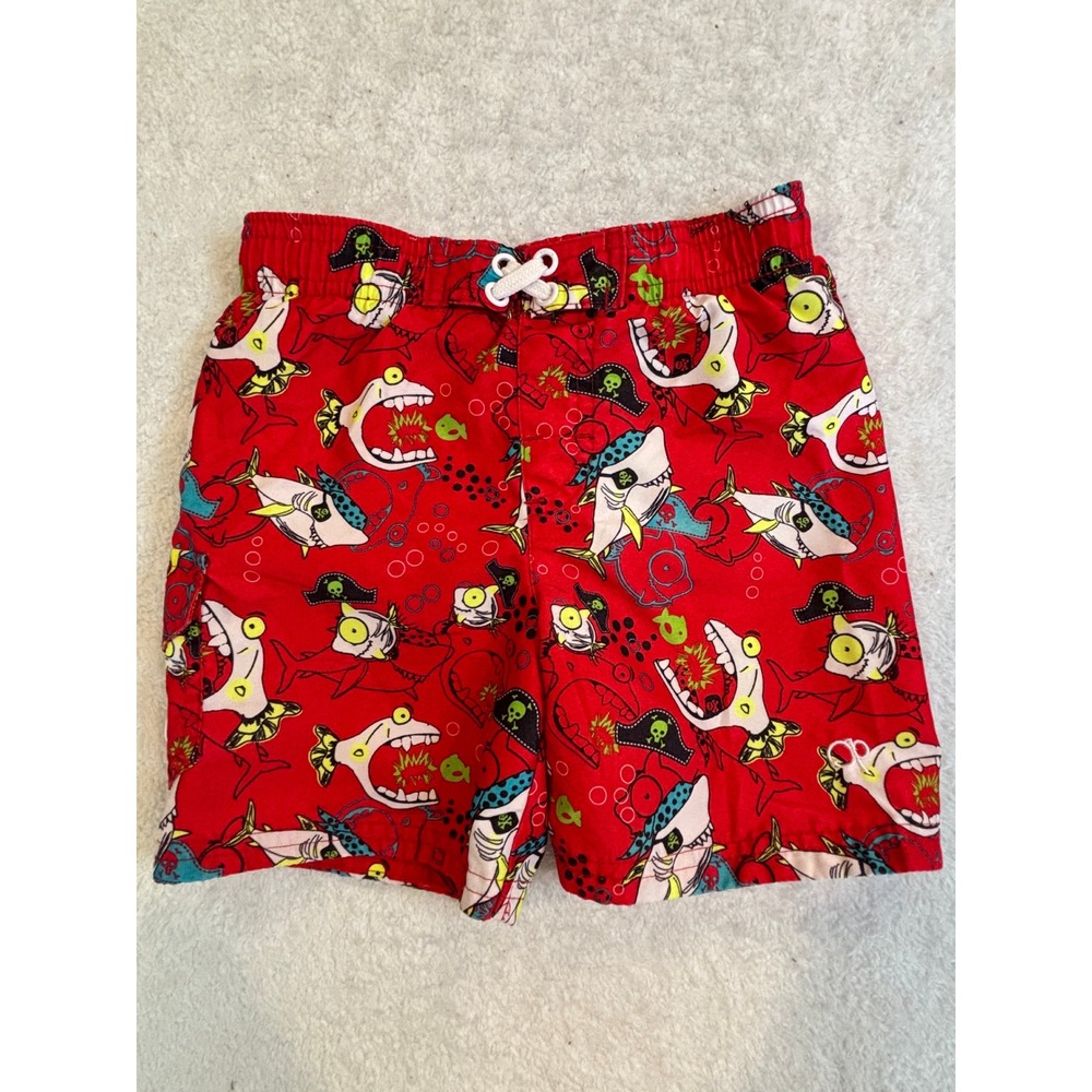 OP Ocean Pacific Boys Red Pirate Shark Swim Trunks Size 24M Shorts Mesh‎ Lining